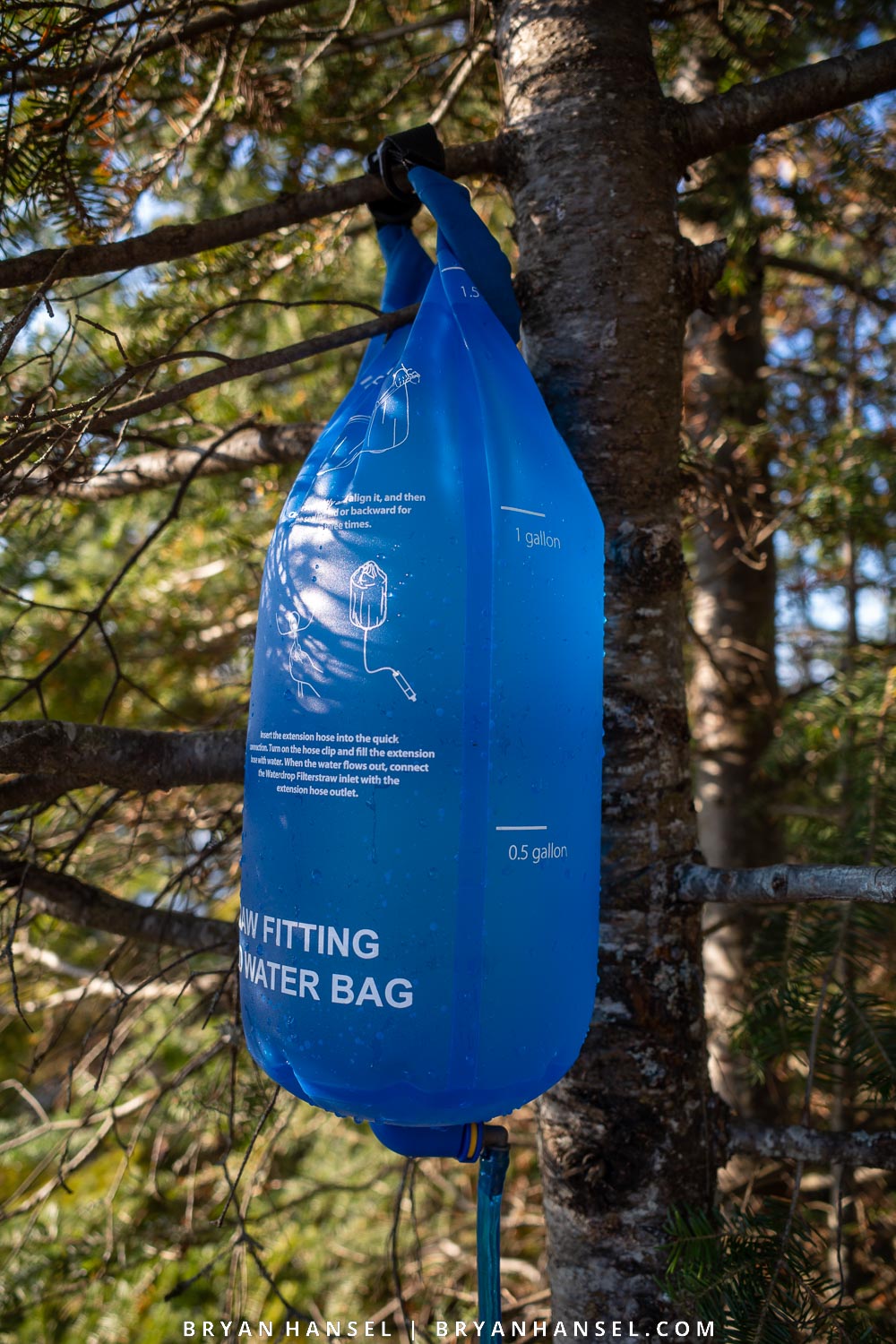 Waterdrop filter bag hanging in a tree.