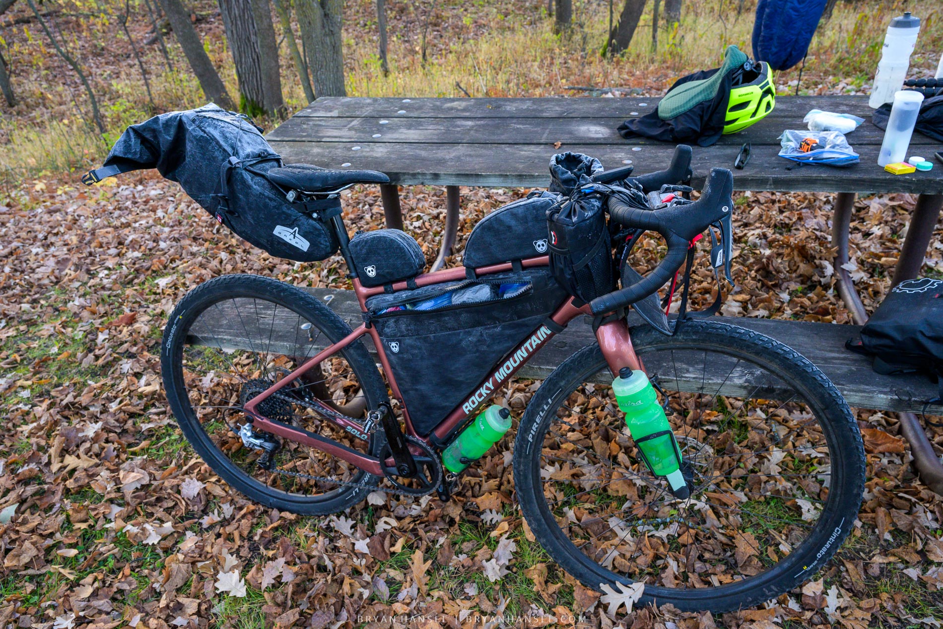 A bikepacking bike covered in frost