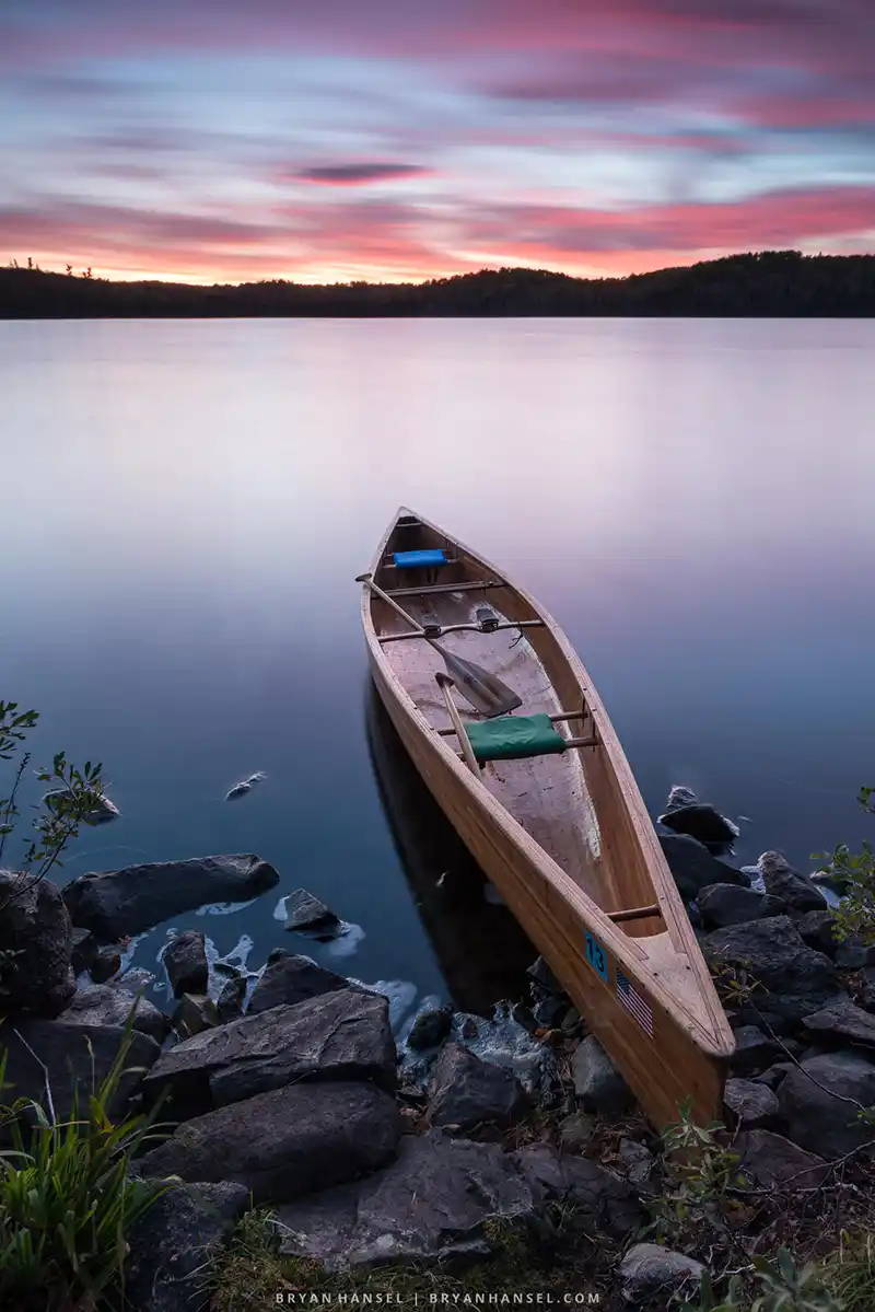 A canoe at sunset on the Twin Lakes Canoe Route