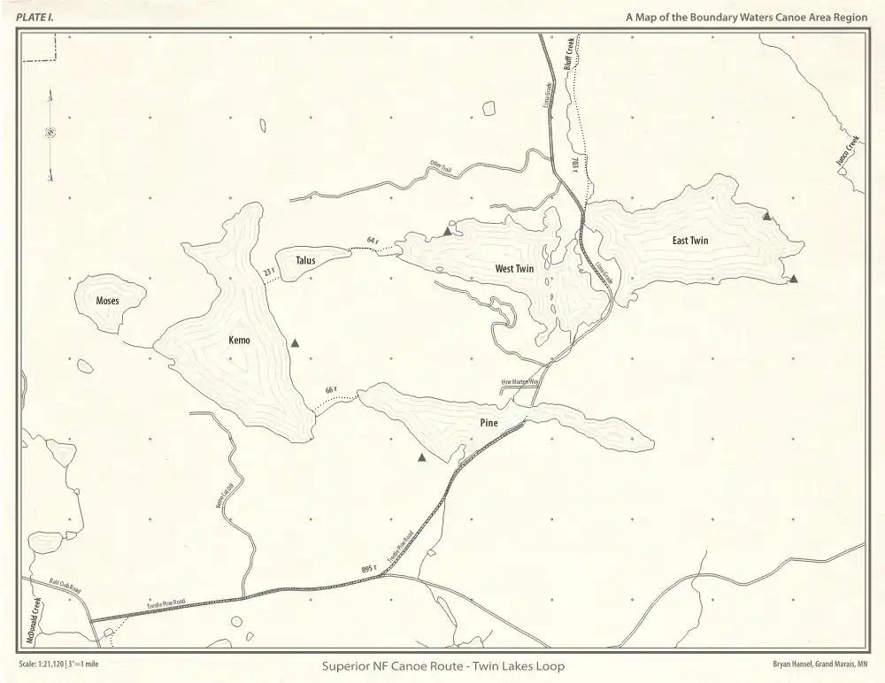 A map of the Twin Lakes Canoe Route