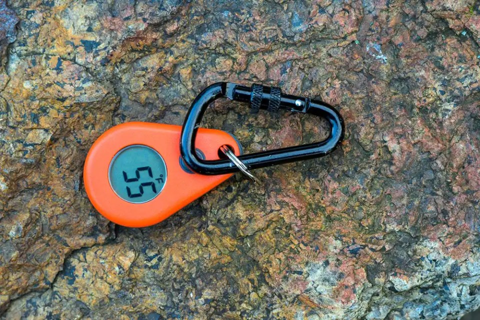 The ThermoWorks ThermoDrop clipped to a biner and sitting on a rock.