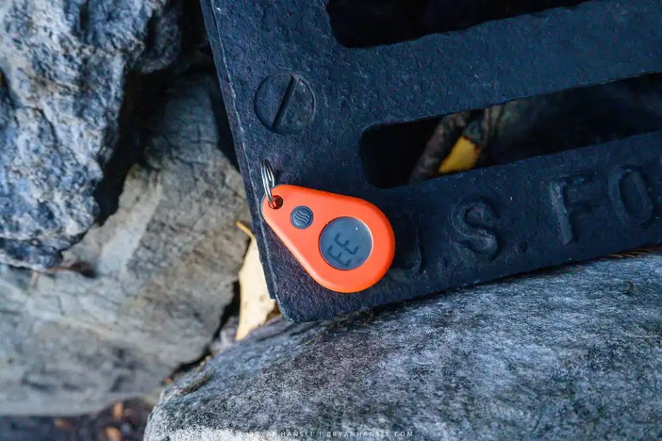 The ThermoWorks ThermoDrop Thermometer resting on a US Forest Service grill in the Boundary Waters.