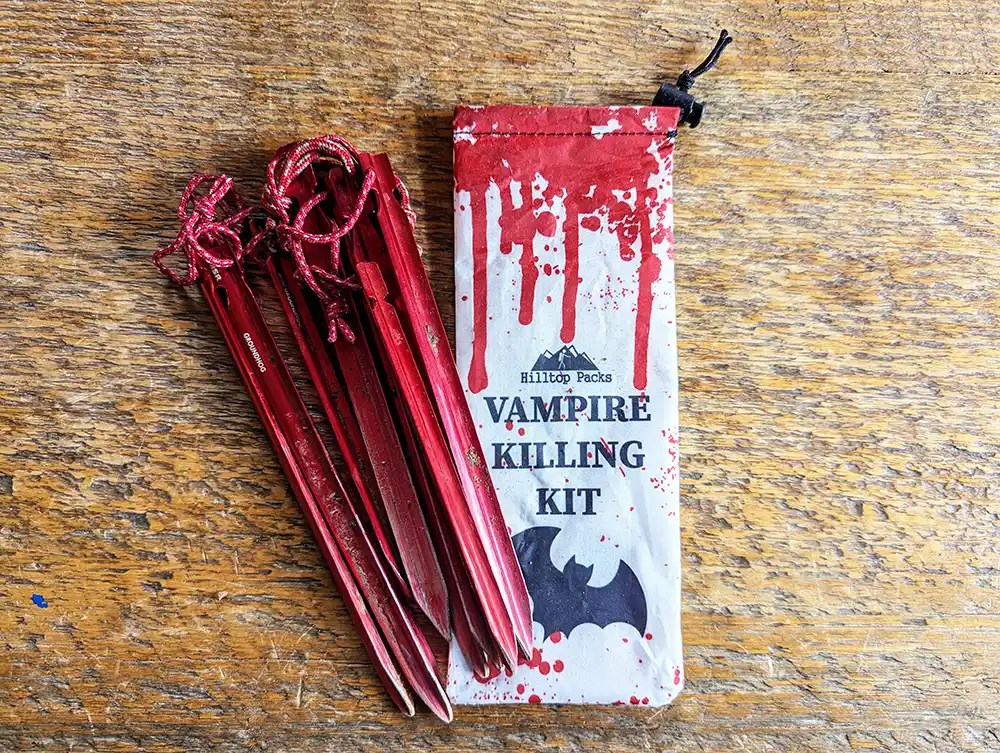 A tent stake bag that has a graphic of Vampire Killing Kit
