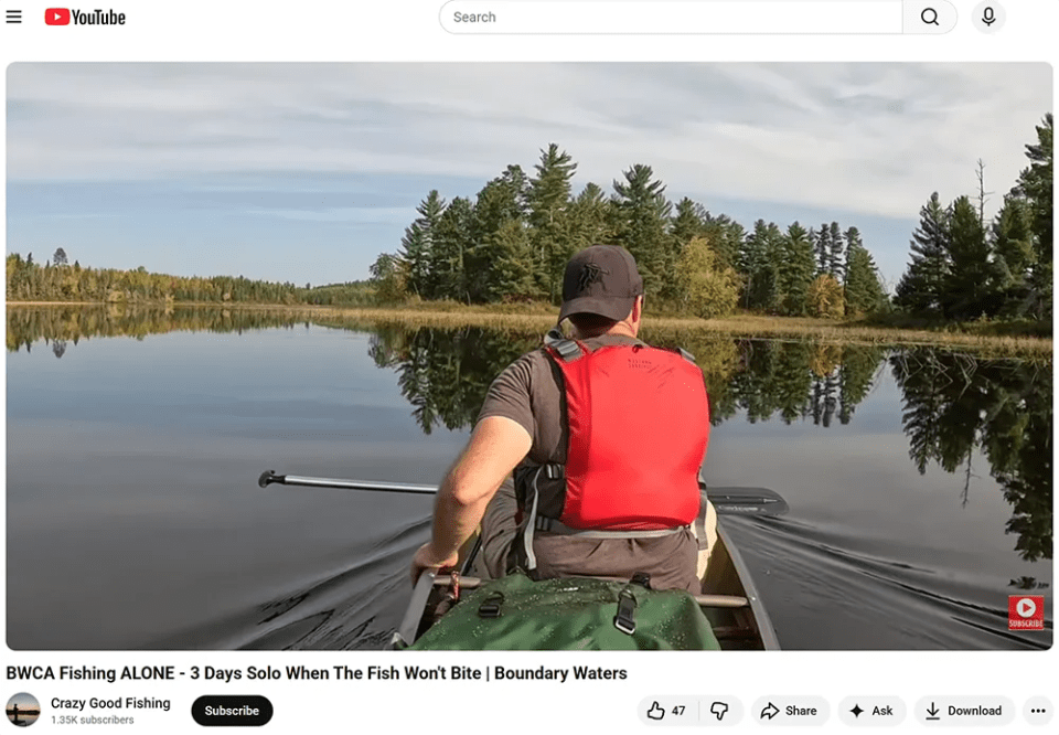screenshot of the Crazy Good Fishing channel video in the BWCA